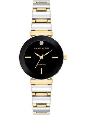 Anne Klein Womens Silver Black Analog Quartz Genuine Diamond Dial Bracelet Watch
